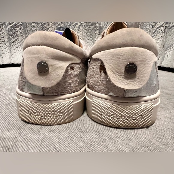 J/SLIDES Sz 9 Cream Leather & Silver Metallic Calfhair Sneakers Exc Cond - Picture 4 of 9